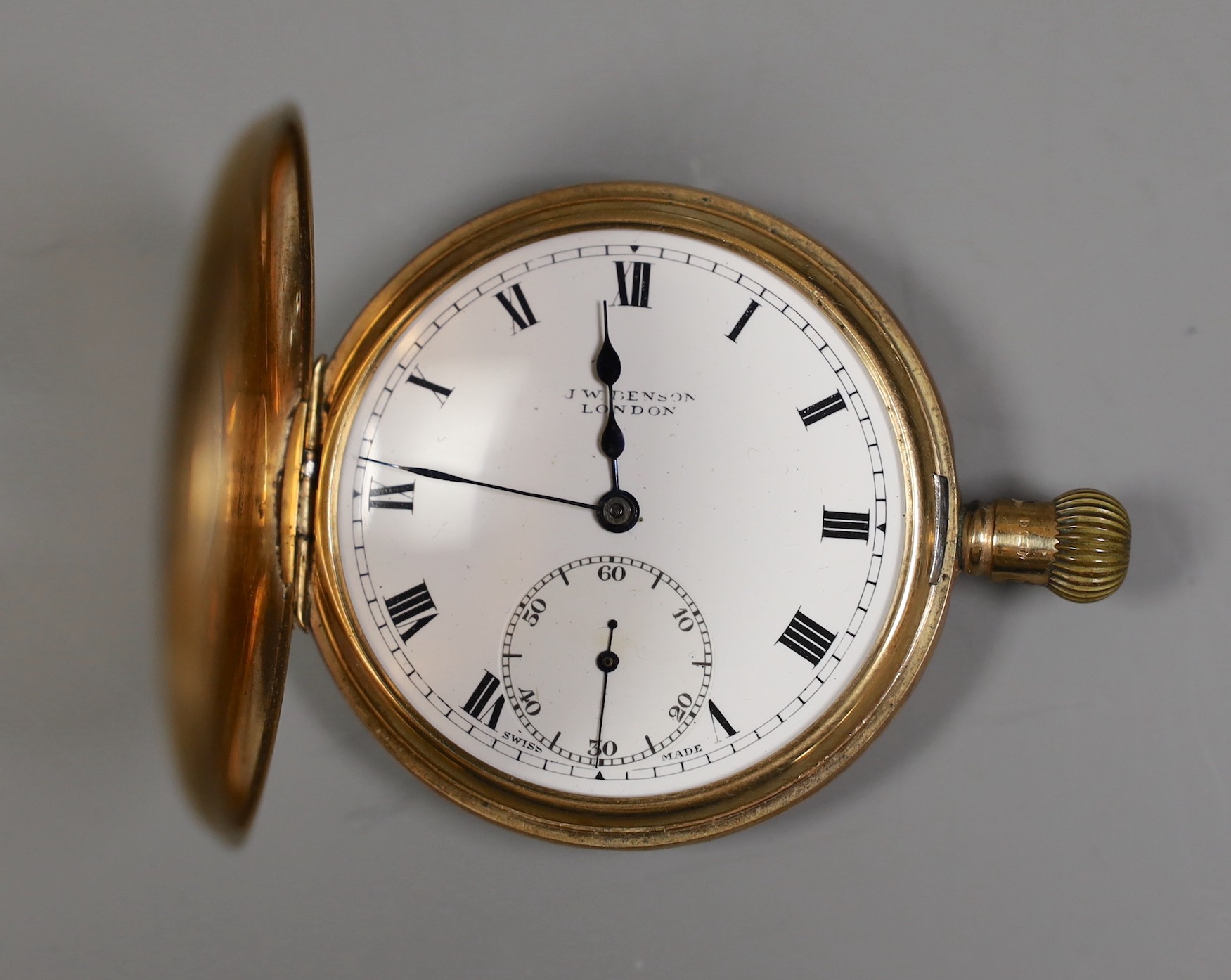 A 1920's 9ct gold half hunter keyless pocket watch by J.W. Benson, case diameter 48mm, gross weight 91.1 grams, together with an early 20th century silver open faced pocket watch, on a white metal albert and one other ba